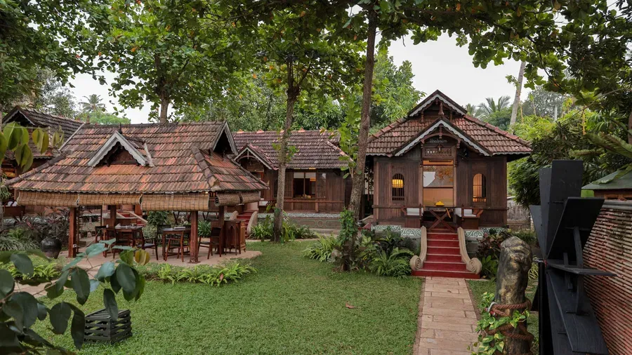 Exterior view of accommodations at Samiira on Ashtamudi Lake.