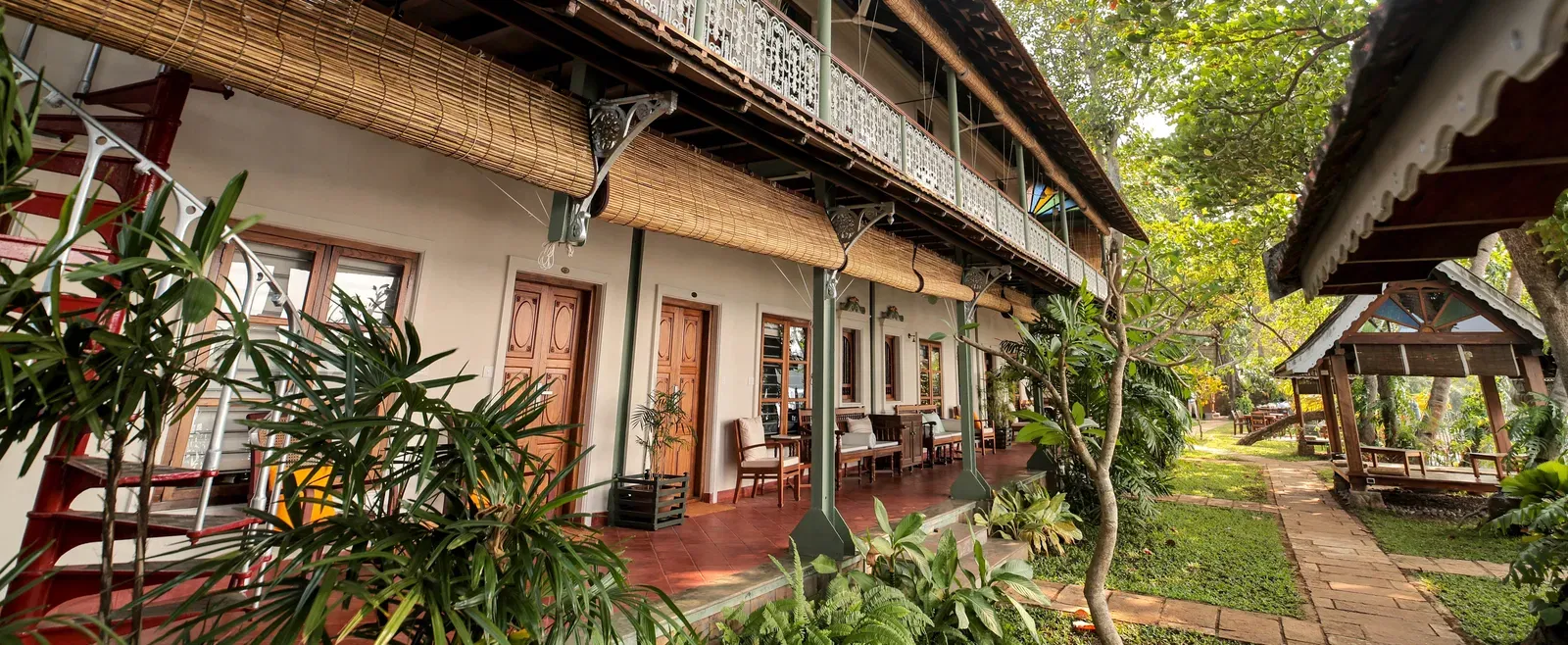 Exterior view of accommodations at Samiira on Ashtamudi Lake.