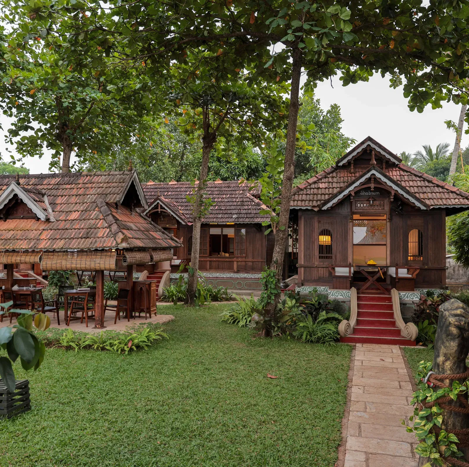 Exterior view of accommodations at Samiira on Ashtamudi Lake.