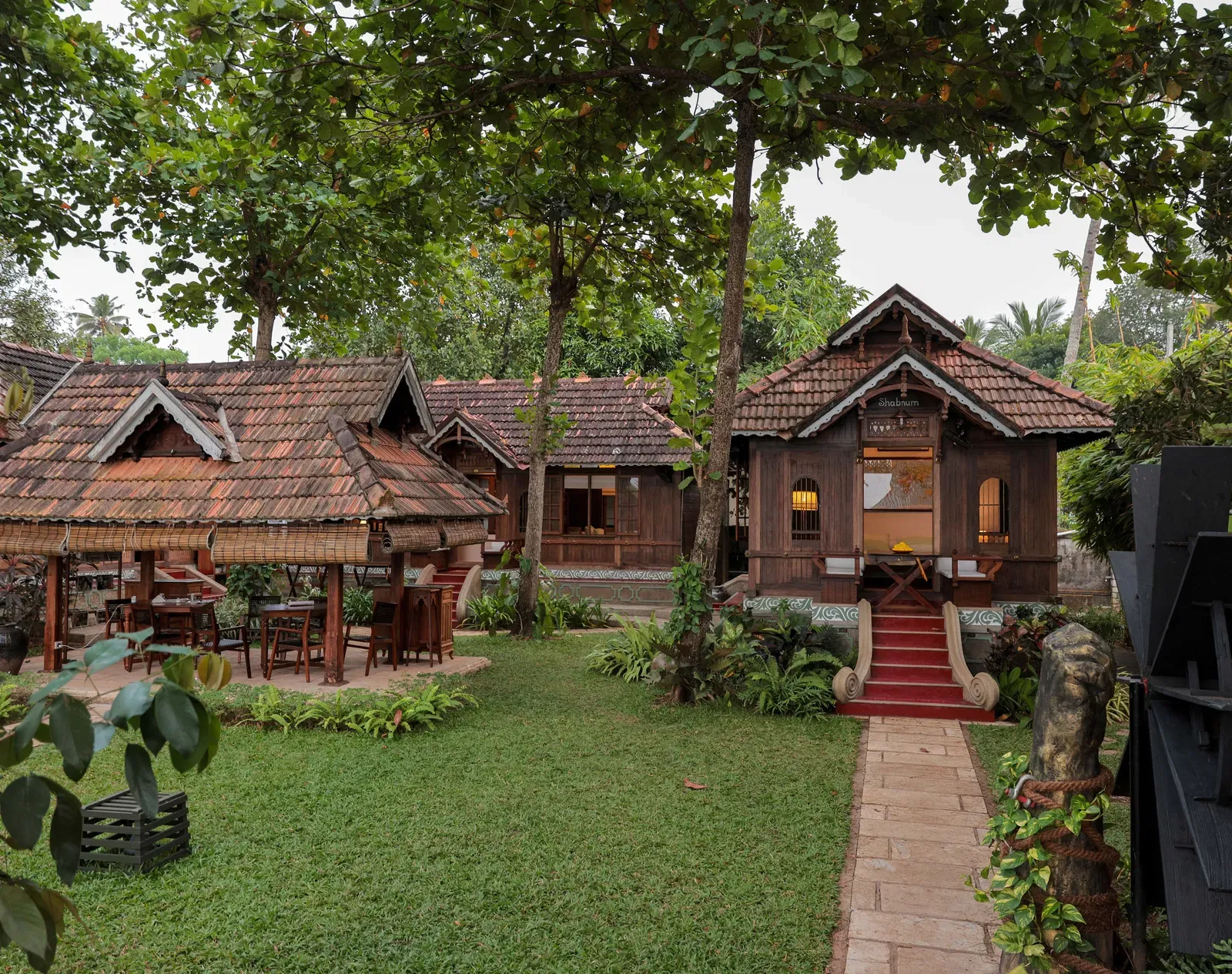 Exterior view of accommodations at Samiira on Ashtamudi Lake.